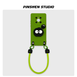 原创小众芥末绿黑煤球支架硅胶手提适用华为mate80pro手机壳全包防摔高级感个性 p70保护套 挂绳萌系小清新新款