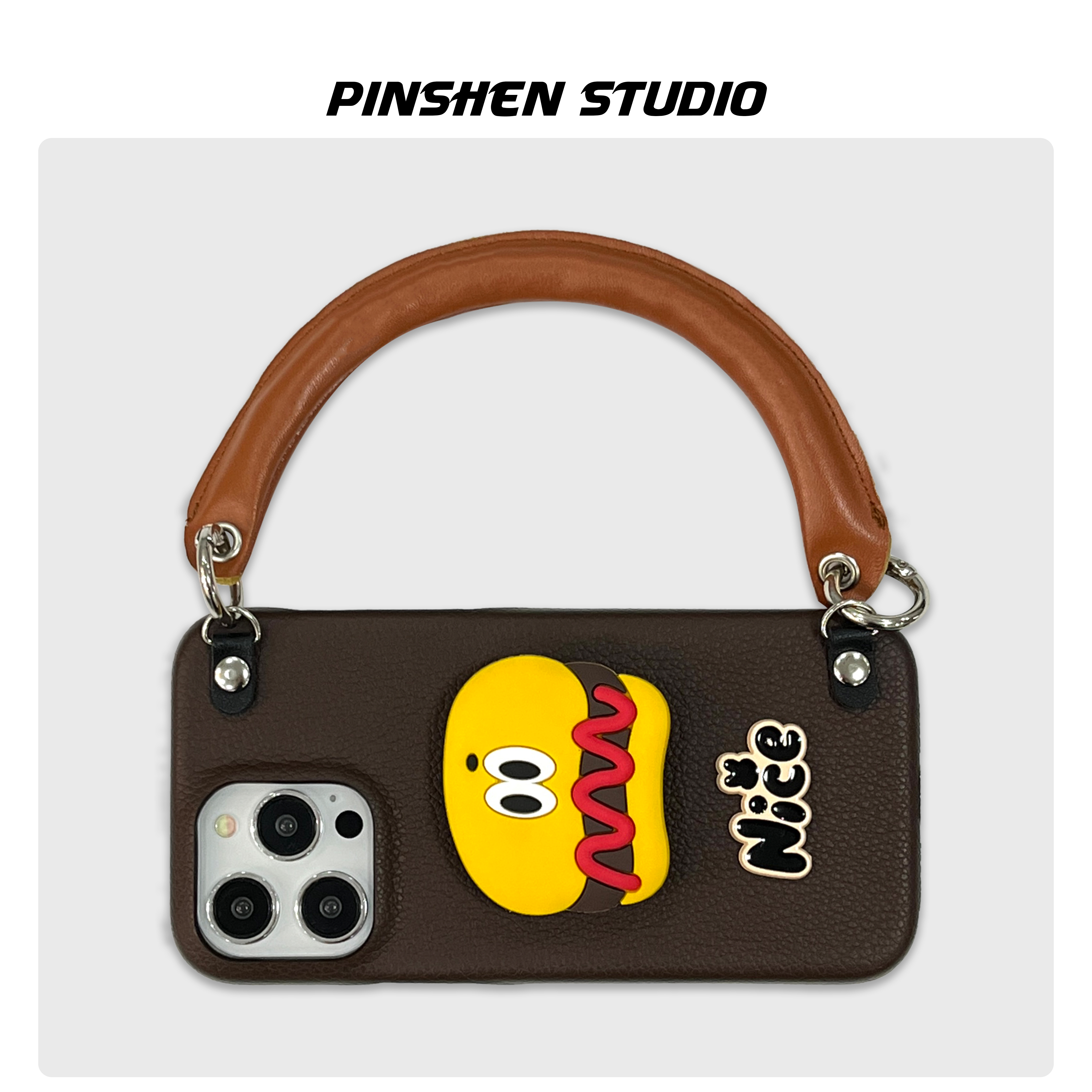 深咖卡通汉堡支架皮质手提手机壳