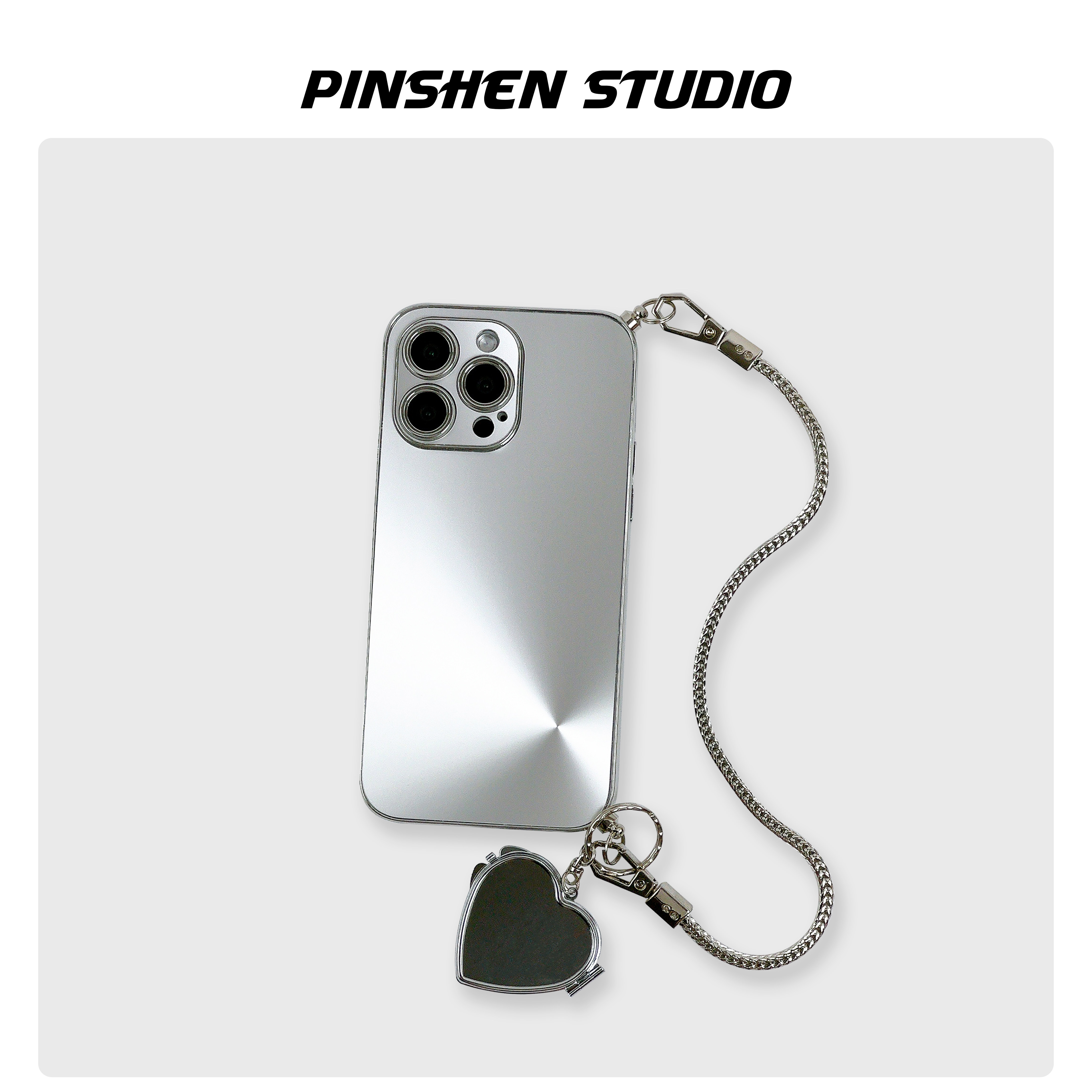 品申原创小众电镀银爱心镜子金属手提链条适用iphone17promax手机壳简约个性挂绳ins新款华为mate80pro保护套
