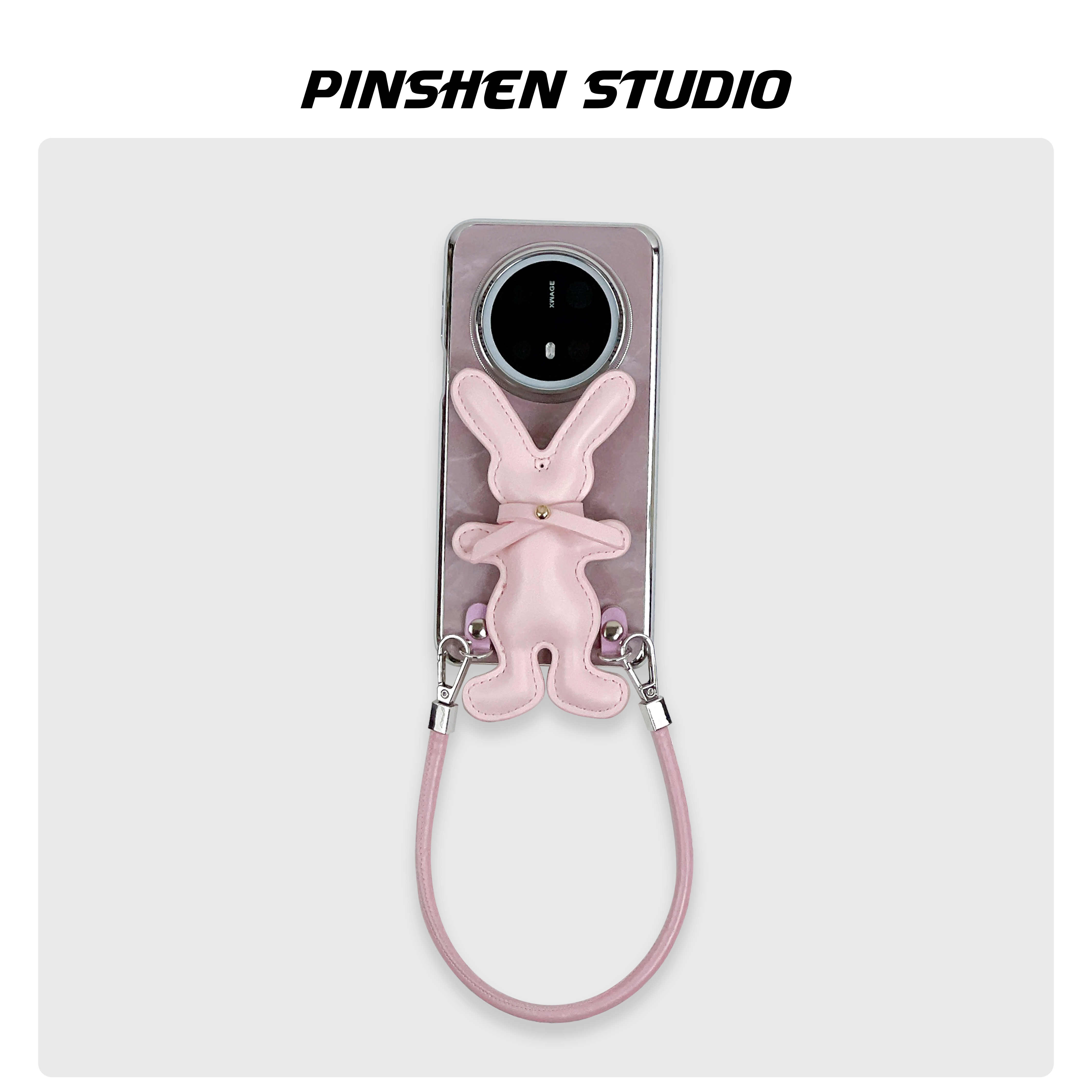 淡雅粉立体兔子手提斜挎绳手机壳