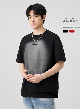 FAFC重磅夏季纯棉美式水洗做旧渐变字母刺绣宽松圆领短袖T恤男潮