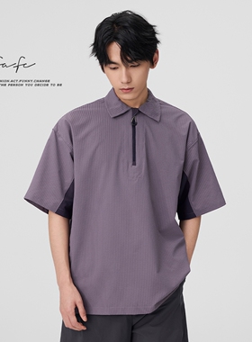 FAFC夏季薄款撞色拼接轻薄速干条纹短袖POLO衫男户外宽松翻领T恤