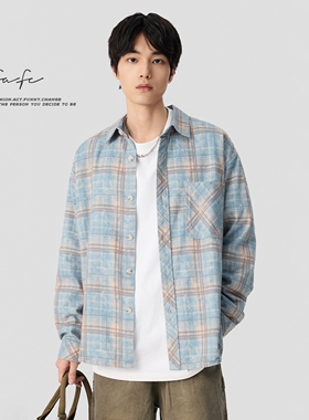 FAFC秋季莱赛尔天丝美式休闲格子长袖衬衫翻领宽松百搭衬衣外套潮