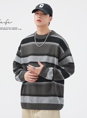 FAFC秋冬季复古撞色粗条纹毛衣男款圆领宽松慵懒风套头保暖针织衫