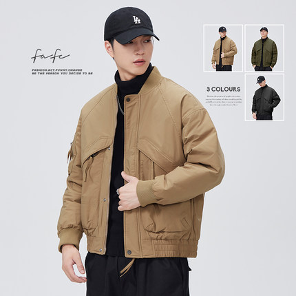 FAFC冬季90白鸭绒立领羽绒服男款美式复古工装飞行员夹克保暖外套