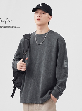 FAFC秋冬季新款重磅纯棉长袖T恤男美式潮牌水洗复古宽松休闲体恤