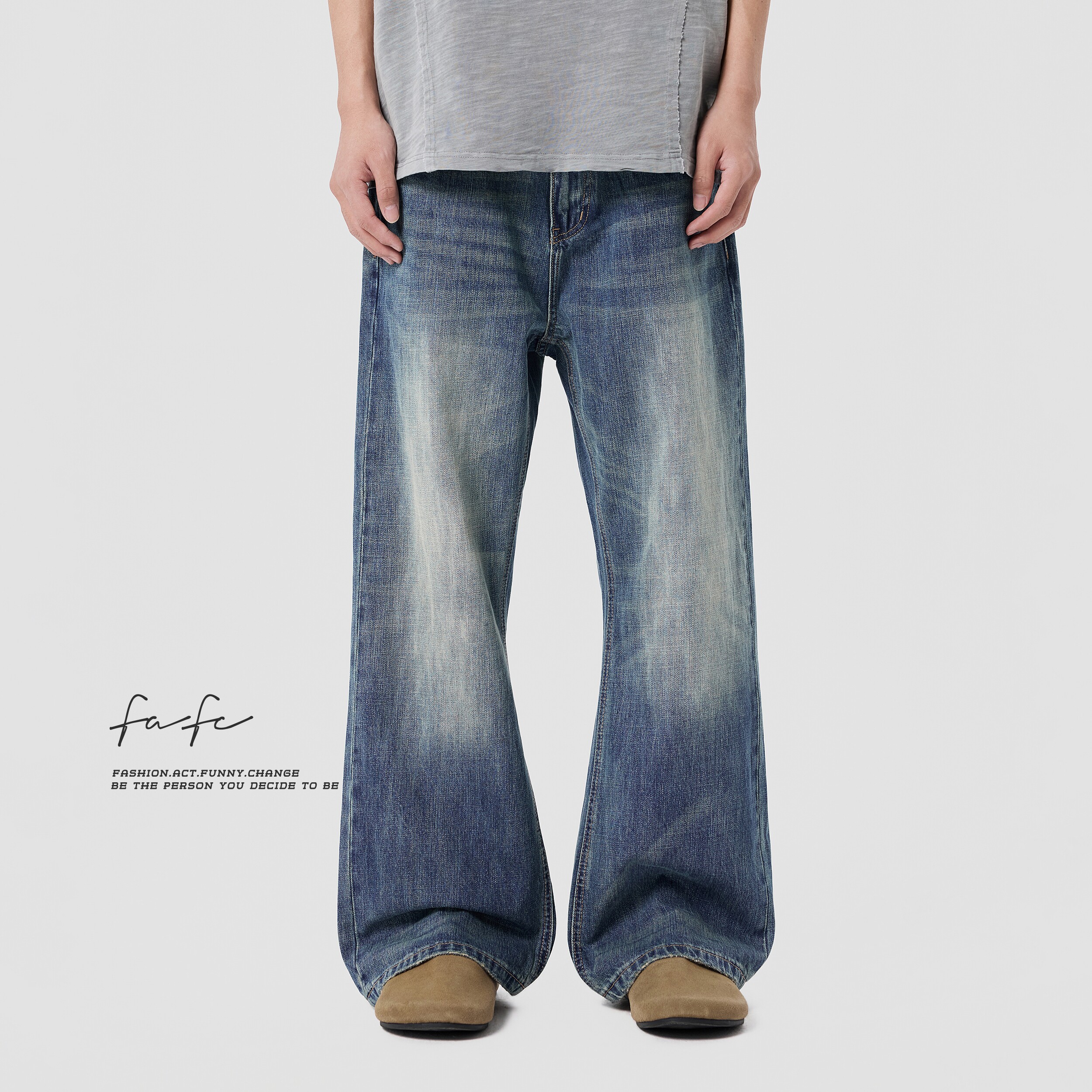 FAFC春夏季微喇纯棉水洗猫须牛仔裤男款美式高街宽松阔腿休闲长裤