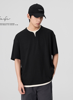 FAFC夏季新款索罗娜假两件短袖T恤男美式撞色宽松休闲体恤上衣潮