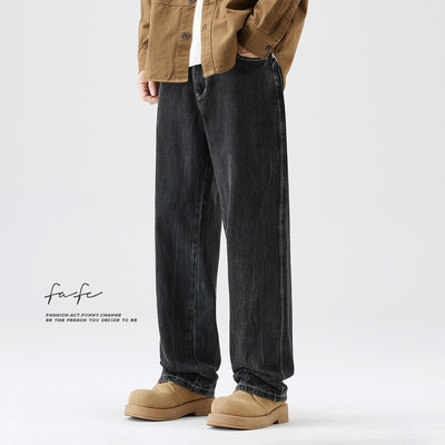 FAFC水洗复古扎花直筒牛仔裤