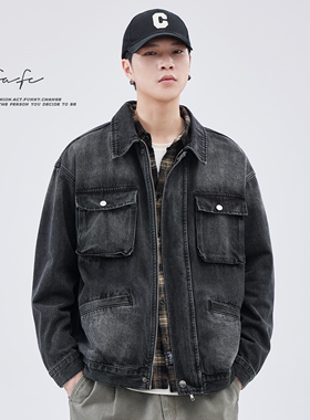 FAFC2024秋冬季美式潮流牛仔衬衫男黑色复古痞帅休闲百搭夹克外套