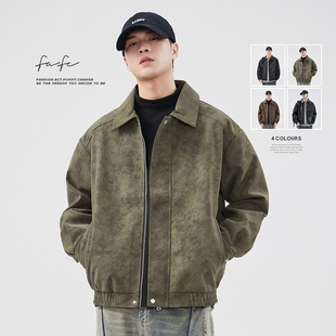 FAFC美式 复古翻领PU皮衣男2024秋冬潮牌美拉德高级感痞帅夹克外套