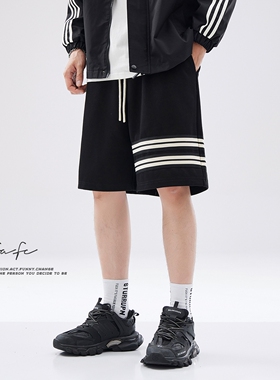 FAFC夏季新款重磅黑色运动休闲短裤男美式潮牌条纹宽松直筒五分裤
