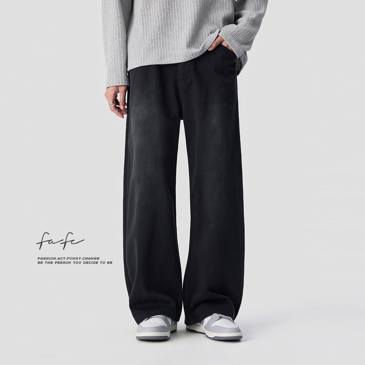 FAFC纯棉舒适阔腿弯刀牛仔裤