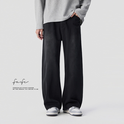 FAFC纯棉舒适阔腿弯刀牛仔裤