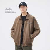 FAFC秋季 翻领外套潮 复古水洗做旧夹克男短宽工装 新款 重磅纯棉美式