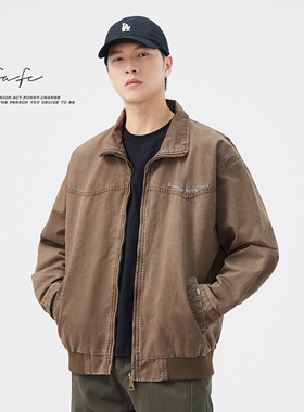 FAFC秋季新款重磅纯棉美式复古水洗做旧夹克男短宽工装翻领外套潮