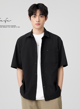 FAFC春夏季薄款泡泡纱格纹短袖衬衫男黑色宽松休闲翻领衬衣外套潮