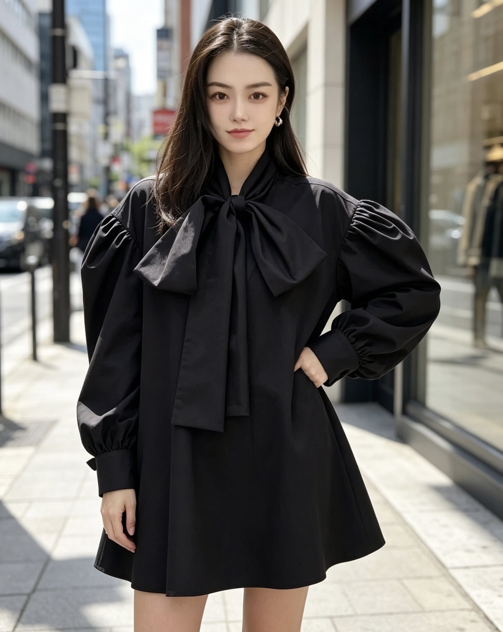 新款秋款领子系结宽松廓形设计衬衫裙