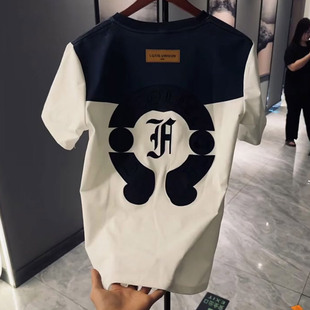 2025时尚新款夏季男士贴布圆领休闲拼接短袖字母修身重磅体恤上衣