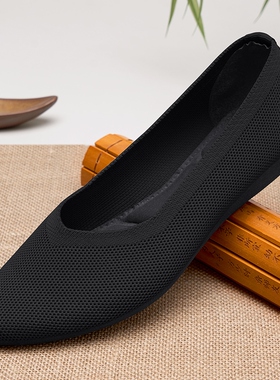 老北京布鞋女2025新款正牌时尚洋气黑色工作鞋网面透气一脚蹬单鞋