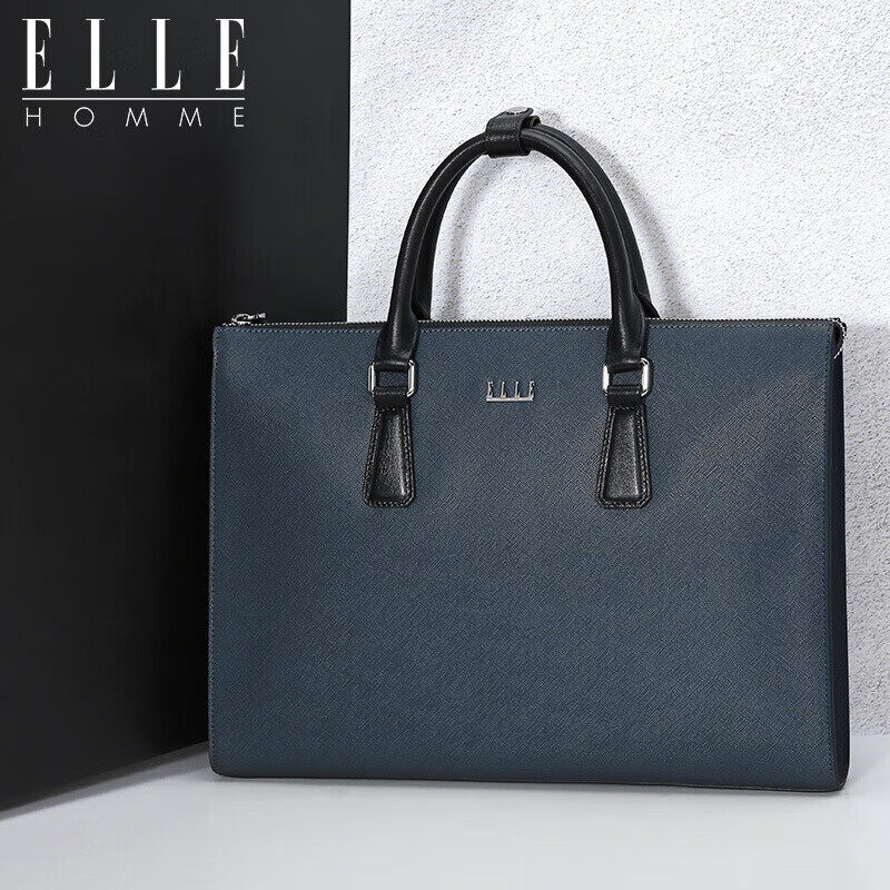 ELLE HOMME法国正品男士手提包简约横款商务公文包男牛皮电脑包