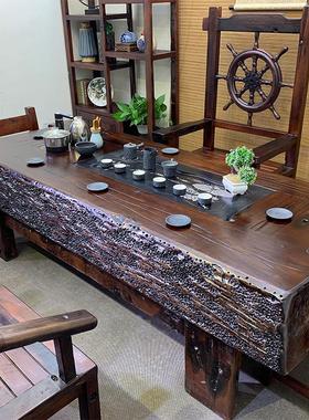 老船木茶台茶桌椅组合现代简约办公室实木茶几新中式仿古功夫茶桌