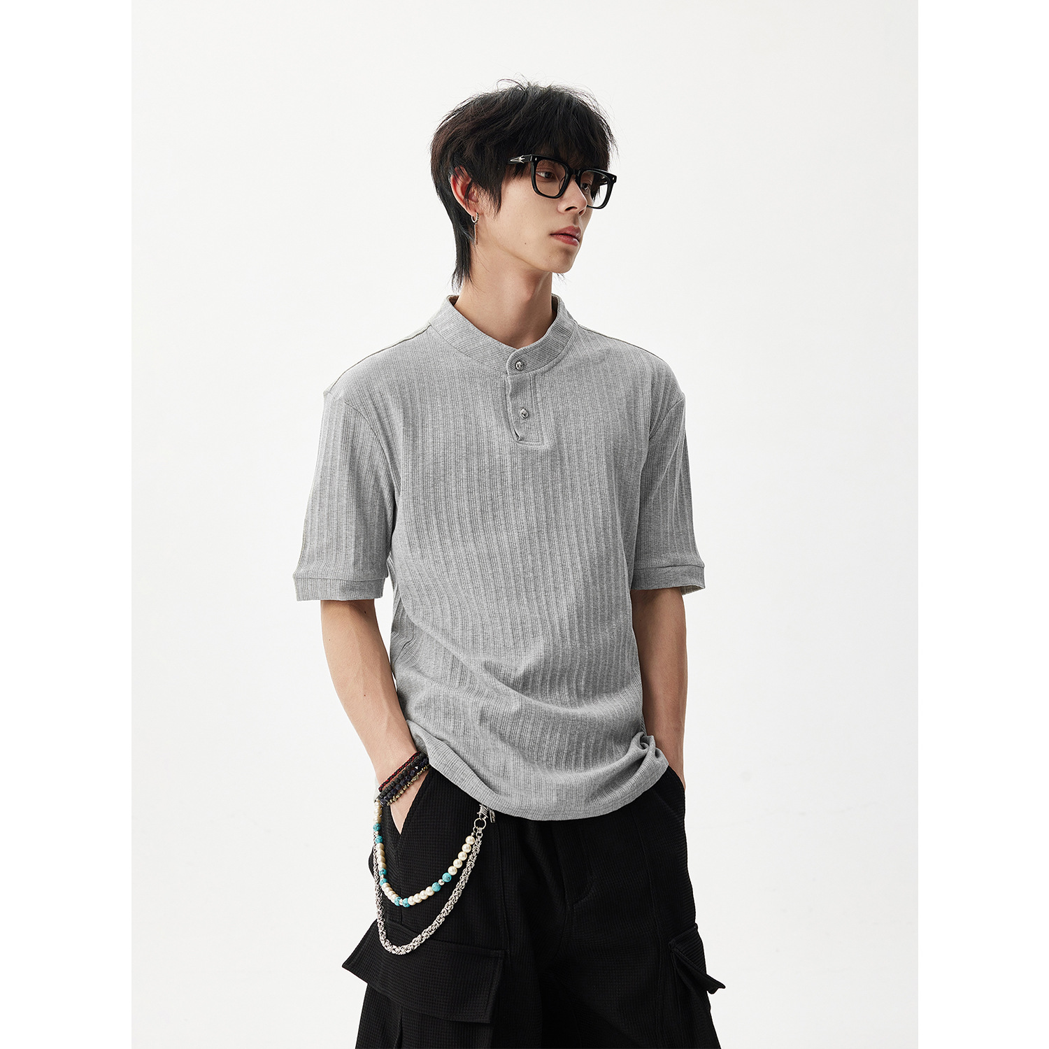 MASONSOUL boxy版型三色晶石透气圆领基础针织短袖T恤亨利衫男