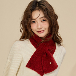 红色纯羊毛小型短款围巾2025新款今年流行爆款交叉围脖新年圣诞