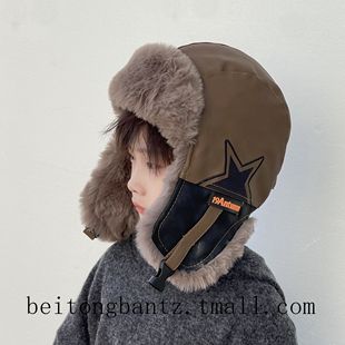 儿童雷锋帽pu皮防风帽新款加绒男童护耳帽女宝宝保暖骑行套头帽子