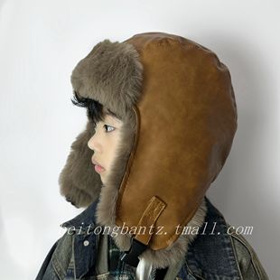 儿童pu皮帽子冬季雷锋帽新款加绒加厚男童护耳帽女宝宝保暖骑行帽