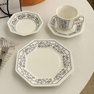 安木良品 大厂订单 法式ins轻奢中古风蓝玫瑰花边陶瓷咖啡杯碟盘