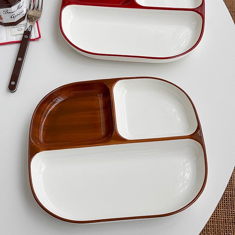 安木良品 出口订单 日式ins手绘釉下彩高温陶瓷定食早餐分格餐盘