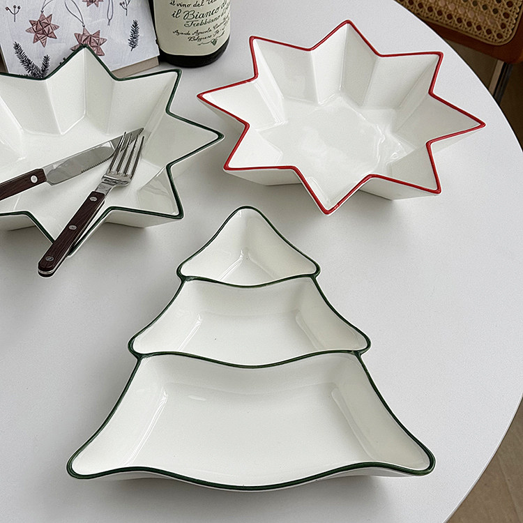 安木良品 外贸出口 北欧节日气氛圣诞树造型陶瓷甜品点心零食碗盘