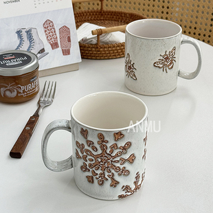 安木良品 外贸原单 北欧田园复古蜜蜂雪花工艺陶瓷早餐咖啡马克杯