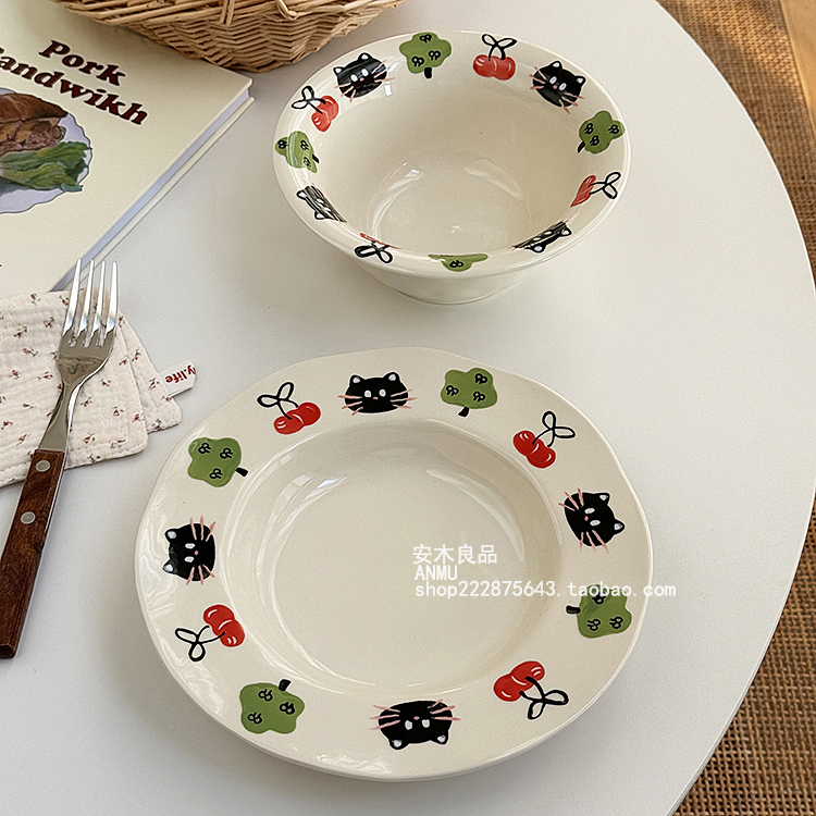 安木良品 大厂订单 韩国ins风可爱黑猫樱桃树陶瓷点心沙拉碗菜盘