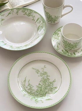 安木良品 ins轻奢田园风绿色铃兰印花陶瓷餐具马克杯咖啡杯西餐盘