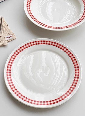 安木良品 韩国ins风红格子边创意陶瓷西餐盘甜品点心8英寸家用盘