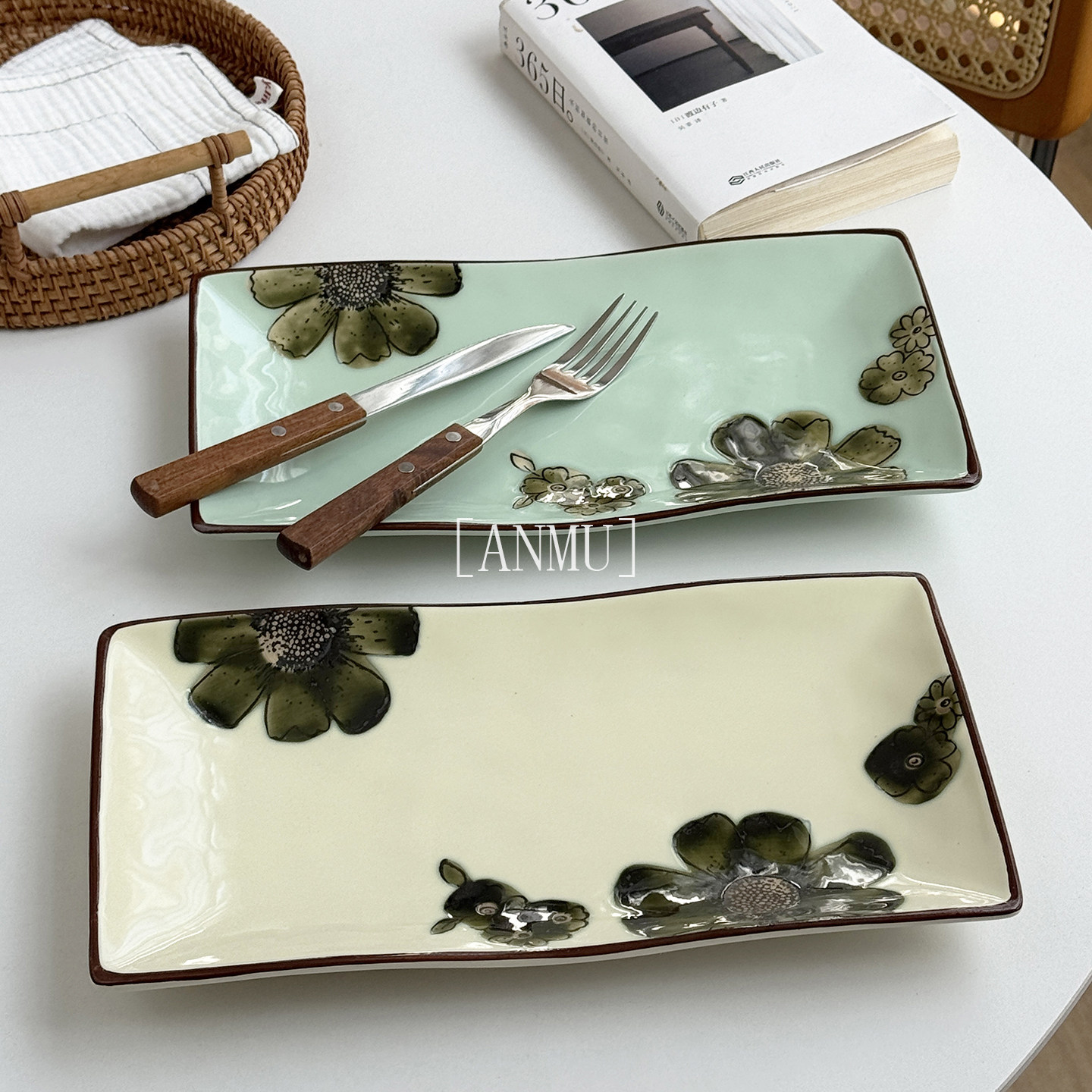 安木良品 外贸出口 日式和风复古重工花朵陶瓷饺子点心寿司长方盘