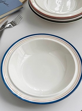 安木良品 外贸原单 韩国ins复古条纹线条陶瓷一人食小汤盘饭碗