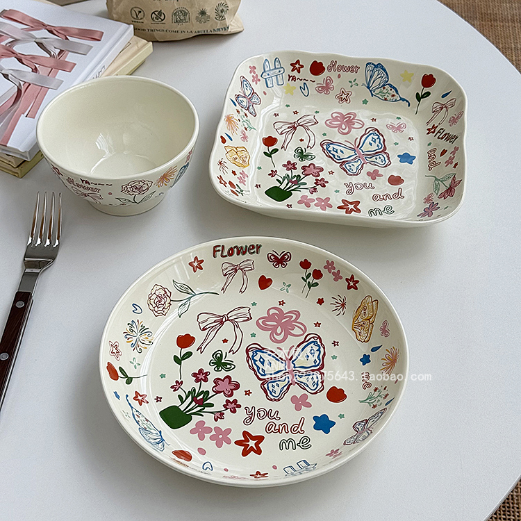 安木良品 大厂订单 韩国ins色彩爱丽丝花园陶瓷餐具饭碗点心菜盘