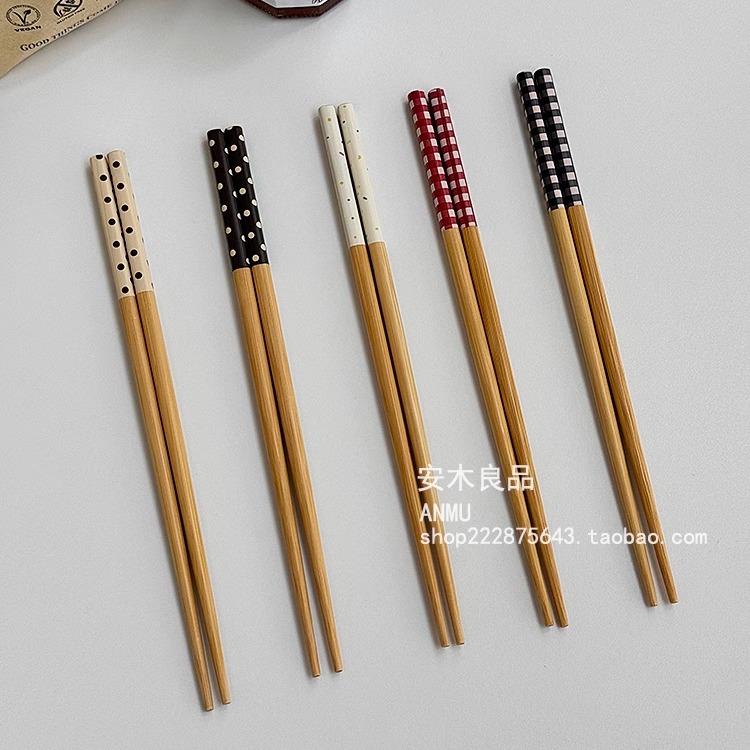 安木良品 日式ins风波点格子高档天然竹制筷子家用干饭夹菜筷子