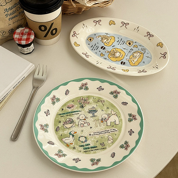 安木良品 韩国ins风可爱卡通小绵羊陶瓷椭圆鱼盘早餐甜品点心圆盘