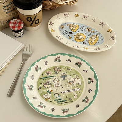 安木良品 韩国ins风可爱卡通小绵羊陶瓷椭圆鱼盘早餐甜品点心圆盘