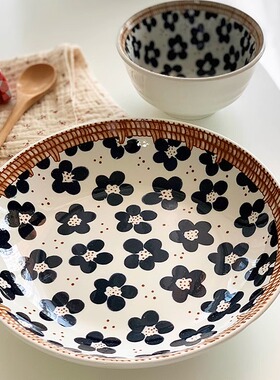 安木良品 ins日式复古手绘墨蓝色小花朵釉下彩陶瓷家用餐菜盘饭碗