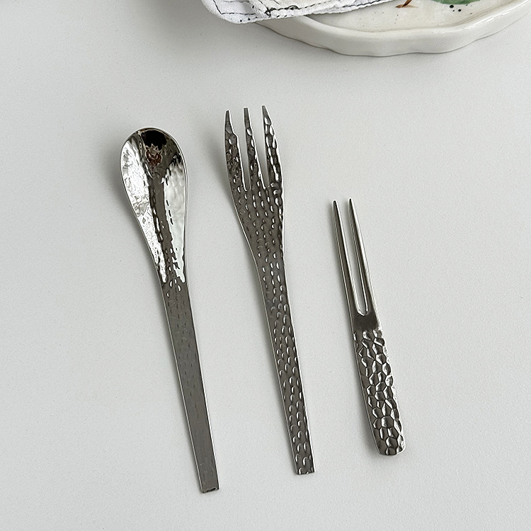 安木良品 日式ins甜品点心雪糕宝宝辅食锤纹304不锈钢刀叉勺套餐