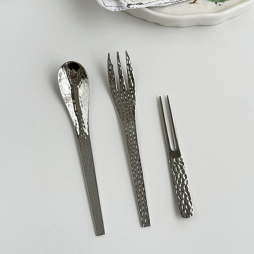 安木良品 日式ins甜品点心雪糕宝宝辅食锤纹304不锈钢刀叉勺套餐