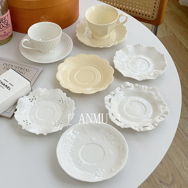安木良品 外贸出口 法式复古轻奢高级感精致浮雕陶瓷甜品小碟杯碟