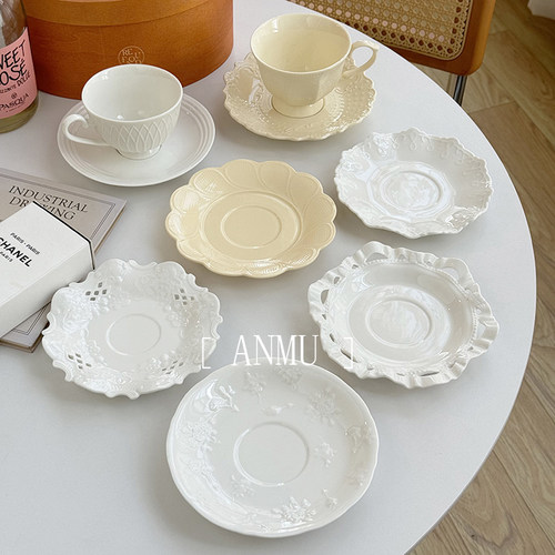 安木良品 外贸出口 法式复古轻奢高级感精致浮雕陶瓷甜品小碟杯碟