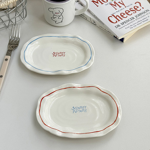 安木良品 韩国ins风涂鸦字母不规则手捏陶瓷碟早餐点心椭圆碟盘子