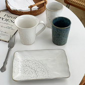 安木良品 外贸原单 复古重工蕾丝浮雕陶瓷咖啡杯饺子寿司点心方盘